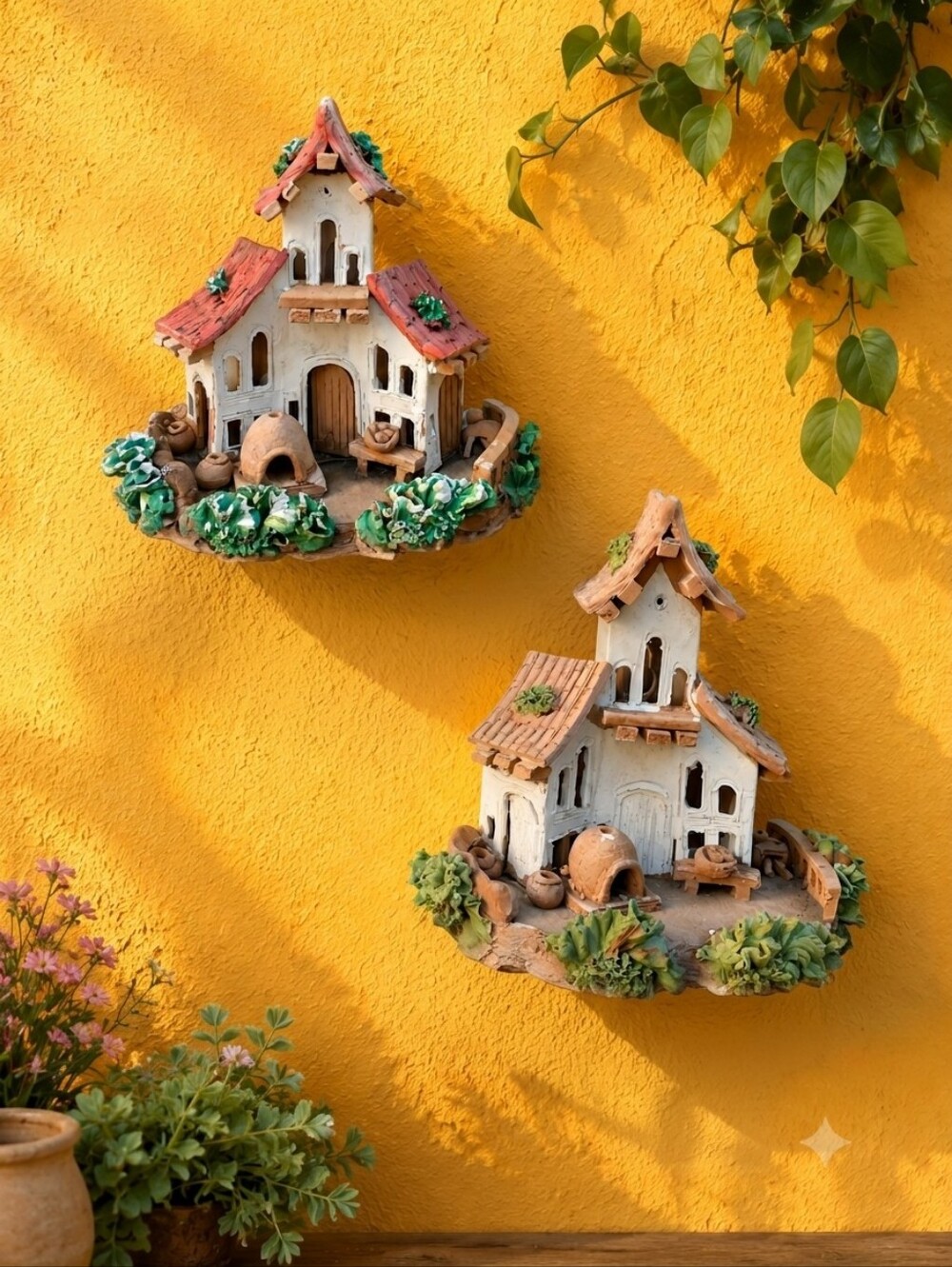 White Miniature Cottage with Pink Roof and Green Shrub Accents
